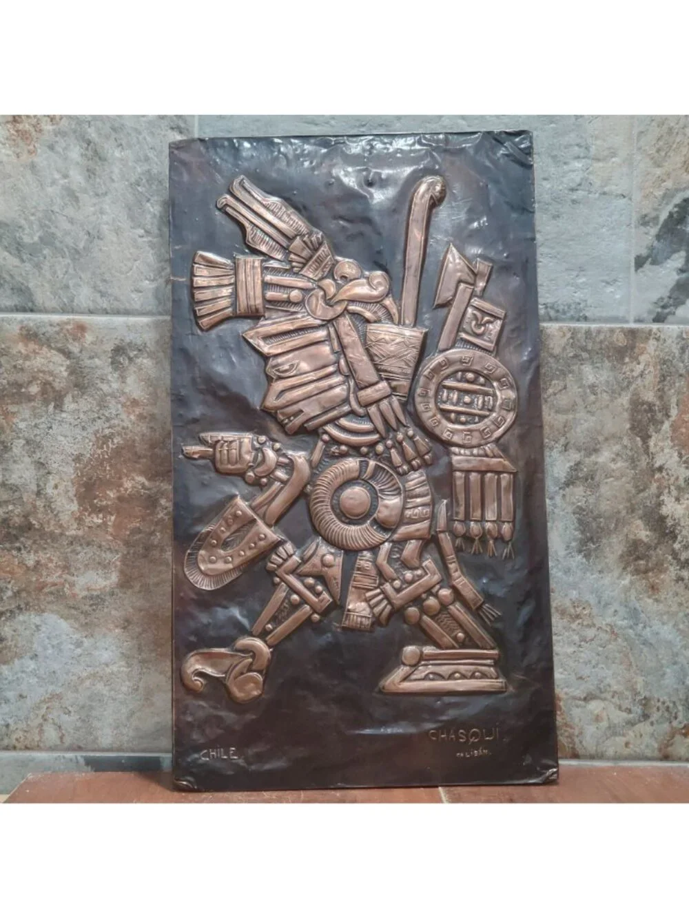 VTG Aztec Copper Relief Wall Plaque Tezcatlipoca Caliban Chile Chasqui Art